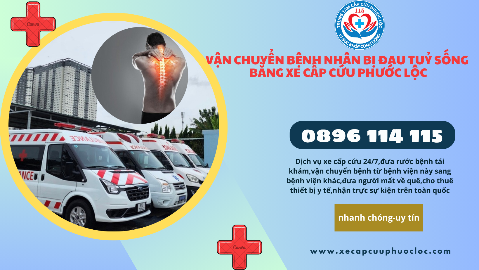 di chuyển bệnh nhân bị đau tủy sống bằng xe cấp cứu Phước Lộc hotline 0896114115